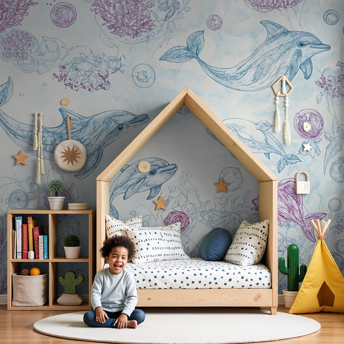 Carta da parati bambini | Delfini e coralli pastello