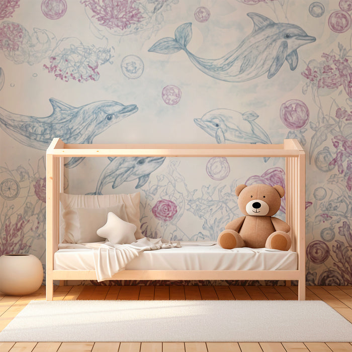 Carta da parati bambini | Delfini e coralli pastello