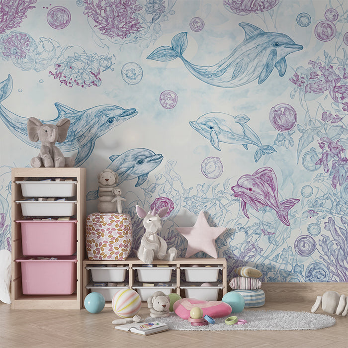 Carta da parati bambini | Delfini e coralli pastello