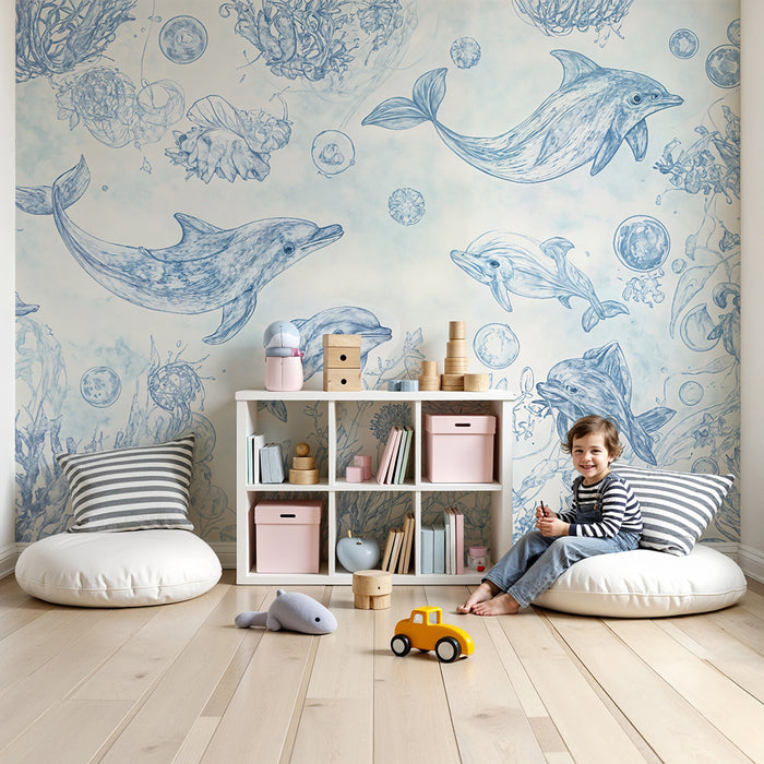 Papier peint chambre enfant | Dauphins et récifs sous-marins