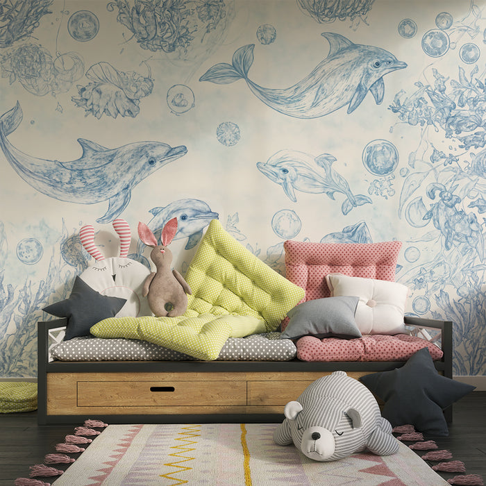 Papier peint chambre enfant | Dauphins et récifs sous-marins