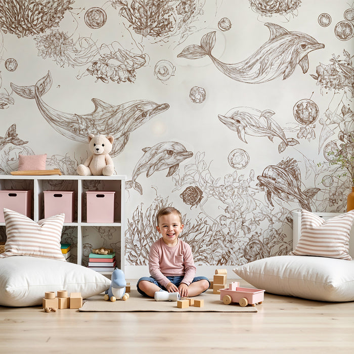 Papier peint chambre enfant | Dauphins et coraux artistiques