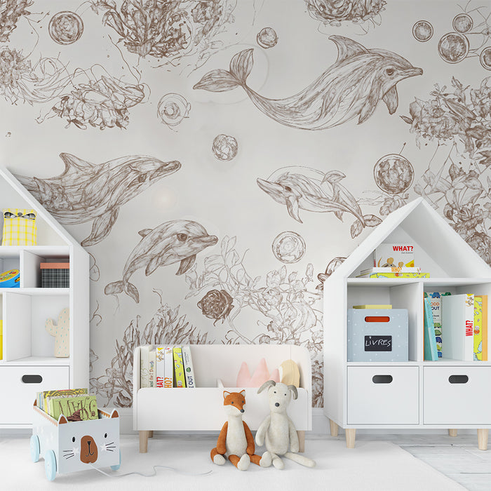 Papier peint chambre enfant | Dauphins et coraux artistiques