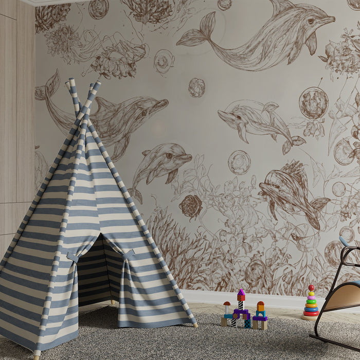 Papier peint chambre enfant | Dauphins et coraux artistiques