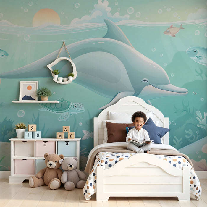 Carta da parati bambini | Mondo sottomarino con delfino
