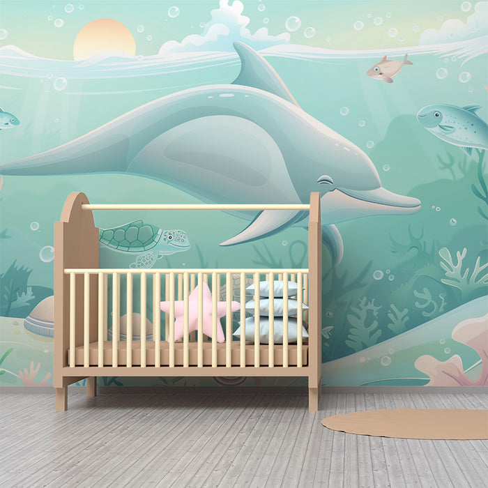 Carta da parati bambini | Mondo sottomarino con delfino