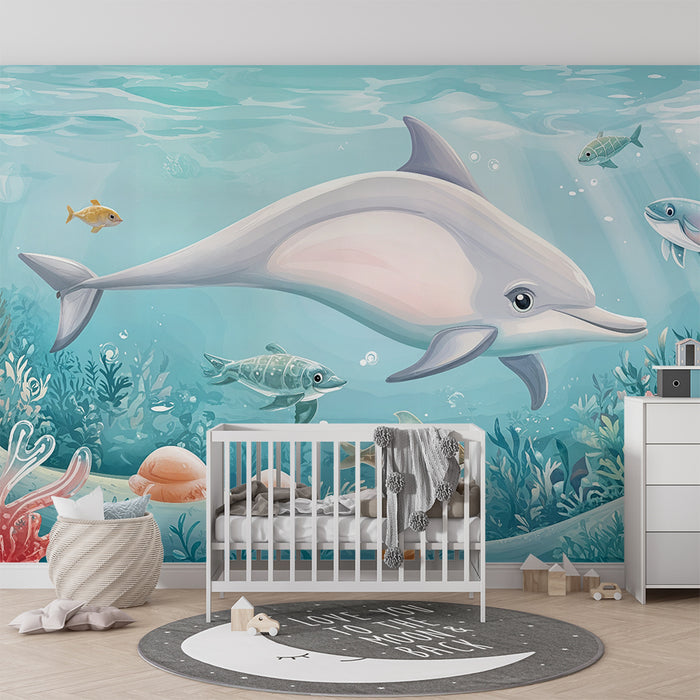 Papier peint chambre enfant | Aventure sous-marine avec dauphin