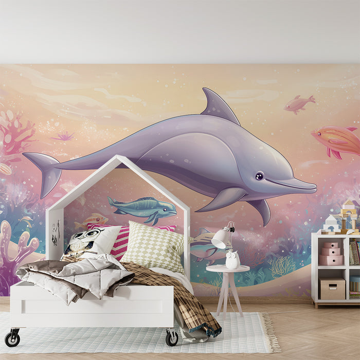 Carta da parati bambini | Delfini e barriere coralline incantate