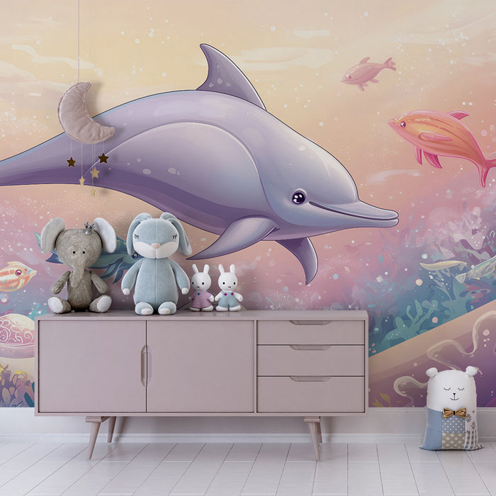 Carta da parati bambini | Delfini e barriere coralline incantate