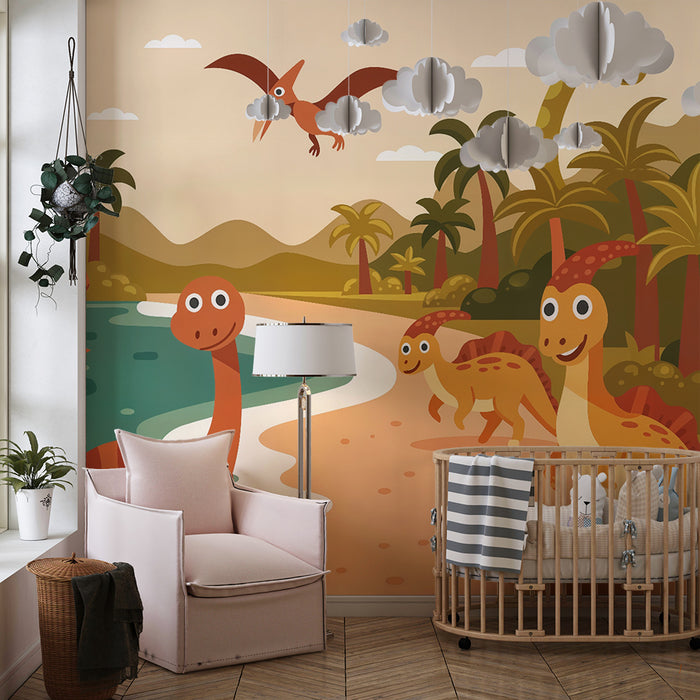 Papel de parede criança | Mundo dos dinossauros felizes