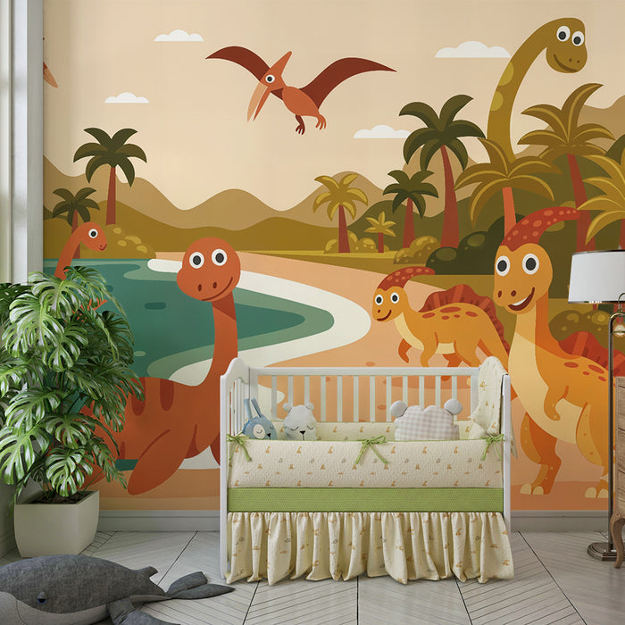 Papel de parede criança | Mundo dos dinossauros felizes