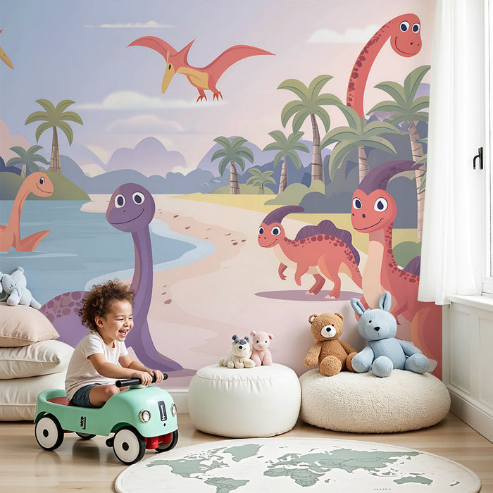 Χαρούμενοι δεινόσαυροι και φοίνικες στο χαρτί τοίχου παιδικού δωματίου