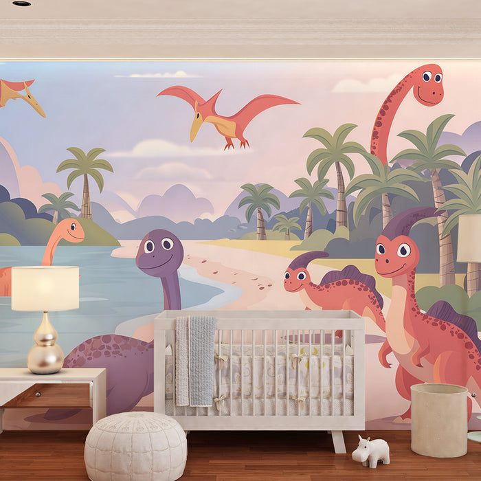 Χαρούμενοι δεινόσαυροι και φοίνικες στο χαρτί τοίχου παιδικού δωματίου