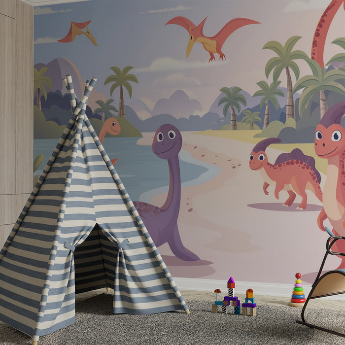 Χαρούμενοι δεινόσαυροι και φοίνικες στο χαρτί τοίχου παιδικού δωματίου