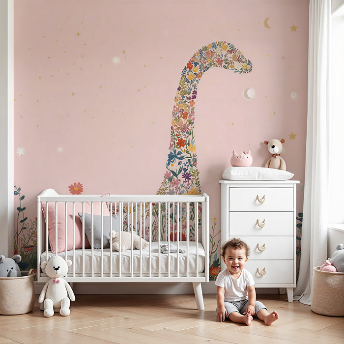 Lastenhuoneen tapetti | Kukkainen dinosaurus ja vaaleanpunaiset tähdet