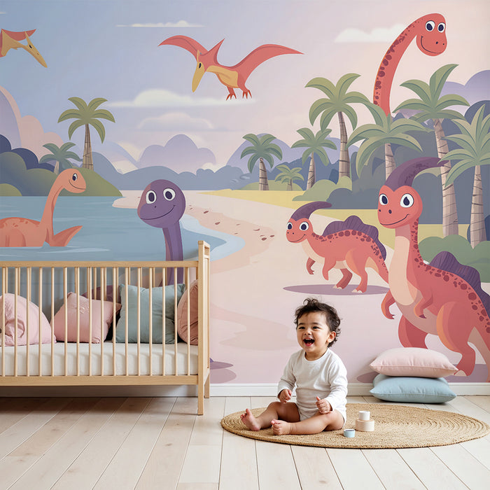 Χαρούμενοι δεινόσαυροι και εξωτική παραλία behang kinderkamer