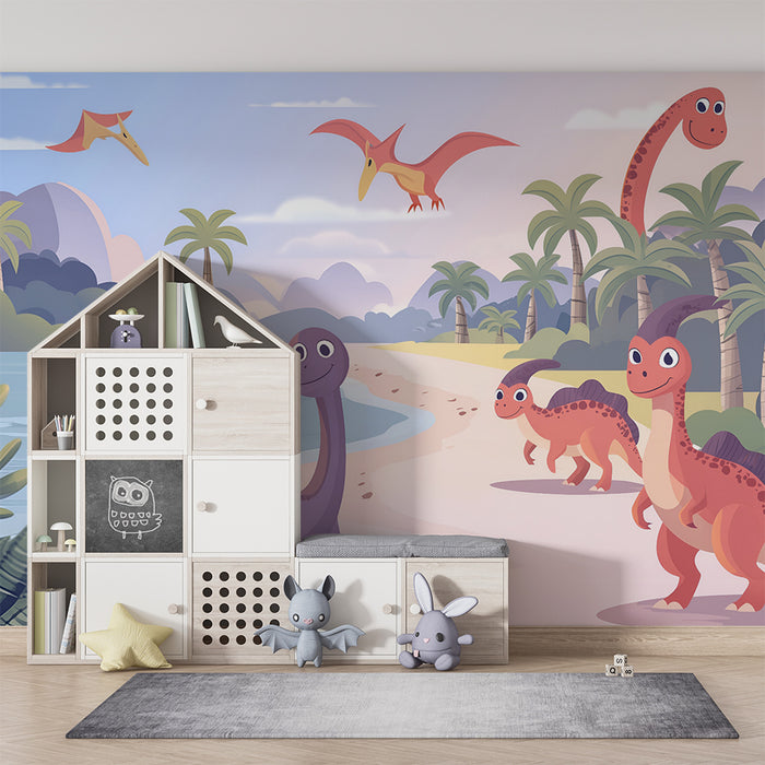 Χαρούμενοι δεινόσαυροι και εξωτική παραλία behang kinderkamer