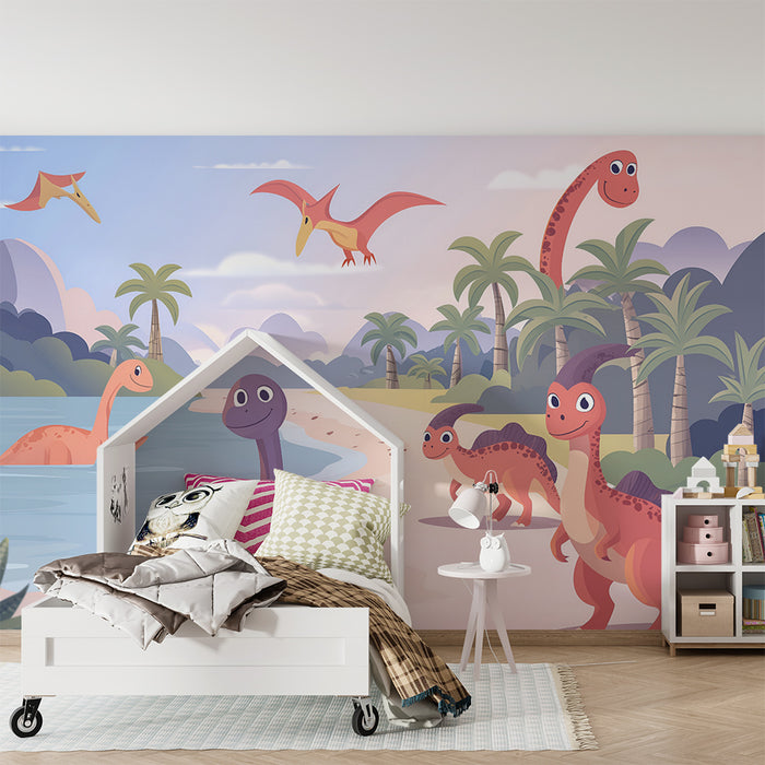 Χαρούμενοι δεινόσαυροι και εξωτική παραλία behang kinderkamer