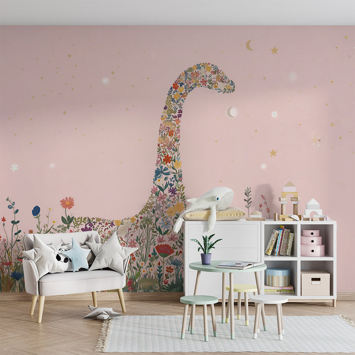 Lastenhuoneen tapetti | Kukkainen dinosaurus ja vaaleanpunaiset tähdet