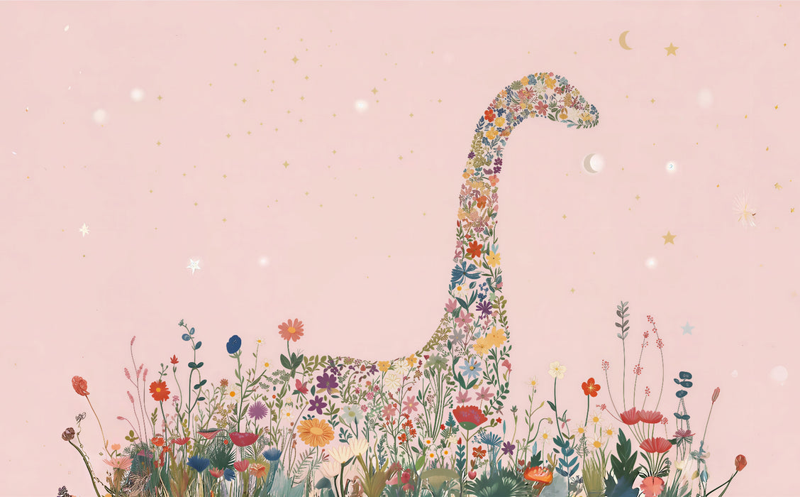 Lastenhuoneen tapetti | Kukkainen dinosaurus ja vaaleanpunaiset tähdet