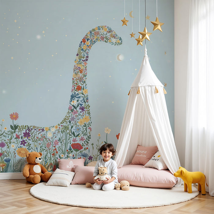 Barntapet | Blommig dinosaurie och stjärnhimmel