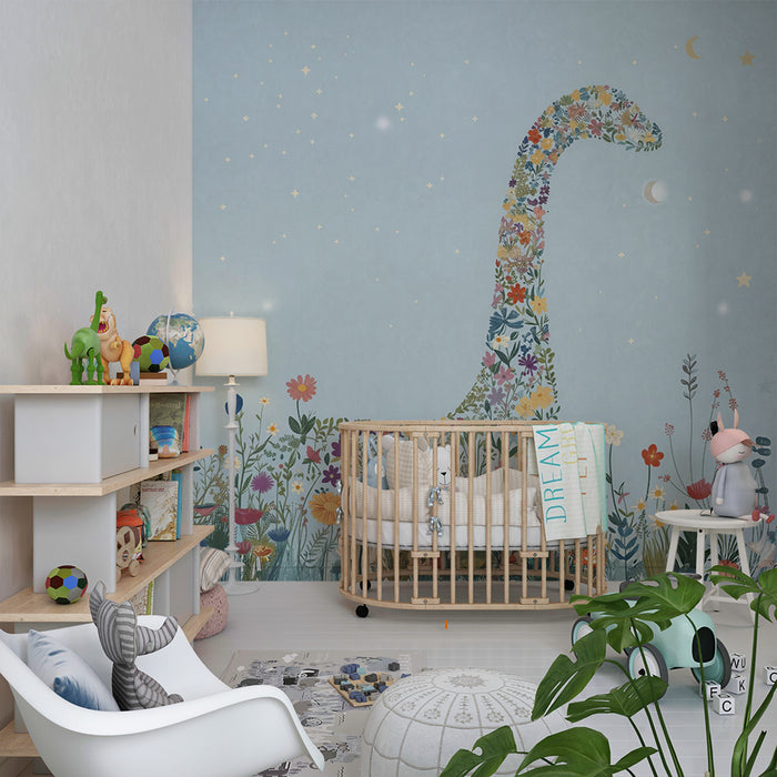 Barntapet | Blommig dinosaurie och stjärnhimmel