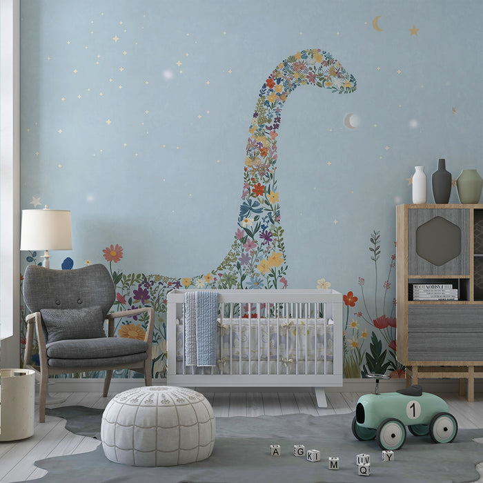 Barntapet | Blommig dinosaurie och stjärnhimmel