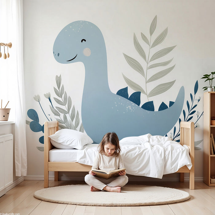 Papier peint chambre bébé | Dino bleu et feuilles pastel