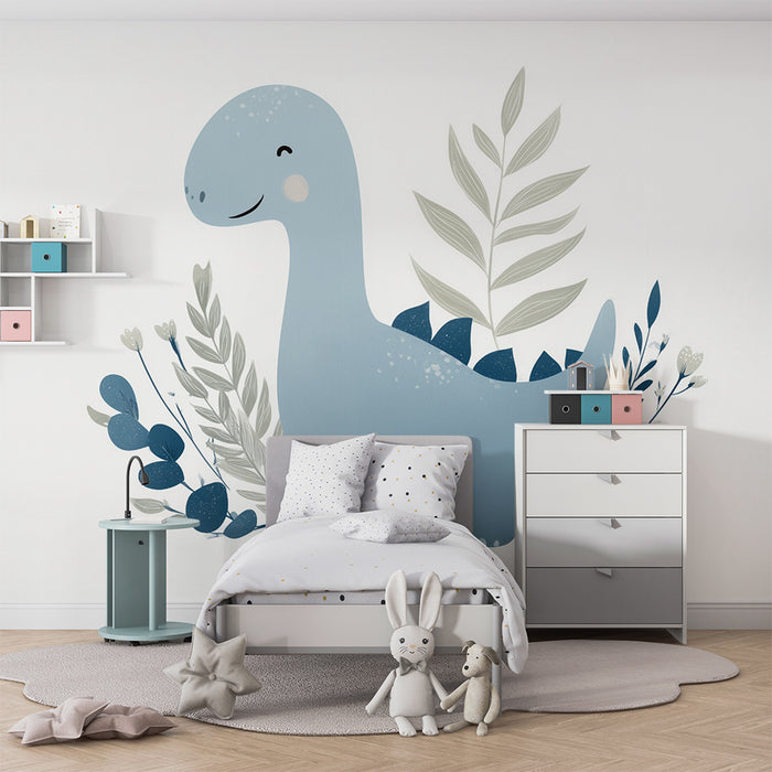 Papier peint chambre bébé | Dino bleu et feuilles pastel