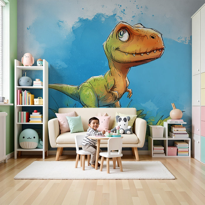 Papier peint chambre enfant | Dino joyeux dans la prairie