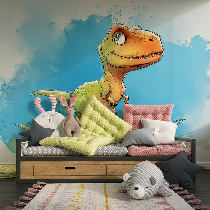 Papier peint chambre enfant | Dino joyeux dans la prairie