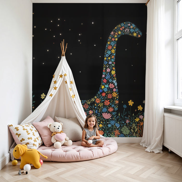 Barntapet | Blommig dinosaurie och stjärnhimmel