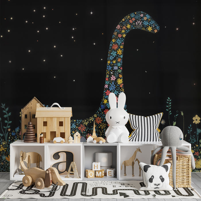 Barntapet | Blommig dinosaurie och stjärnhimmel