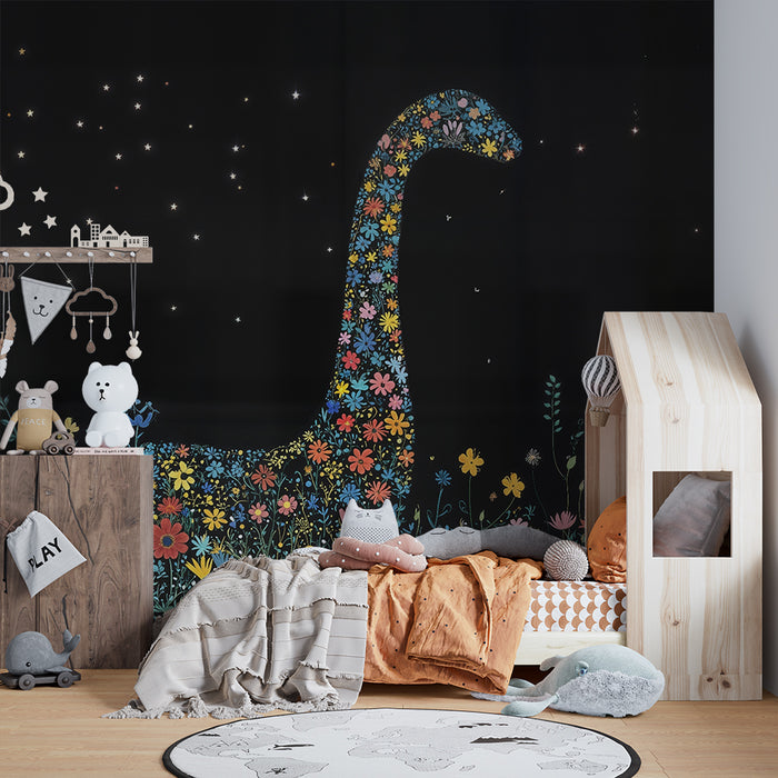 Barntapet | Blommig dinosaurie och stjärnhimmel