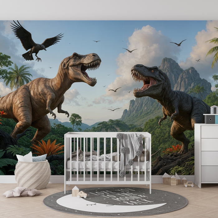 Papier peint dinosaures | Scène préhistorique spectaculaire