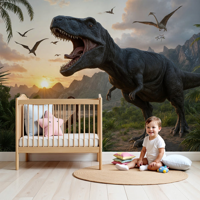 Papier peint dinosaure | Paysage préhistorique spectaculaire