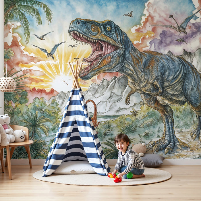 Papier peint dinosaures | Illustration de monde préhistorique