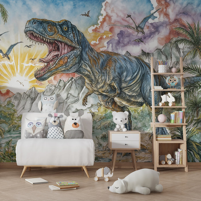 Papier peint dinosaures | Illustration de monde préhistorique
