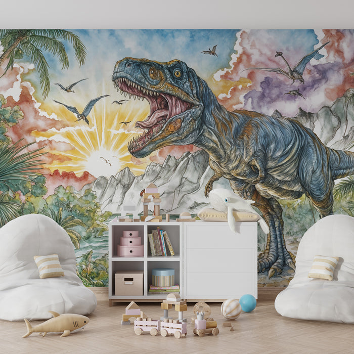 Papier peint dinosaures | Illustration de monde préhistorique