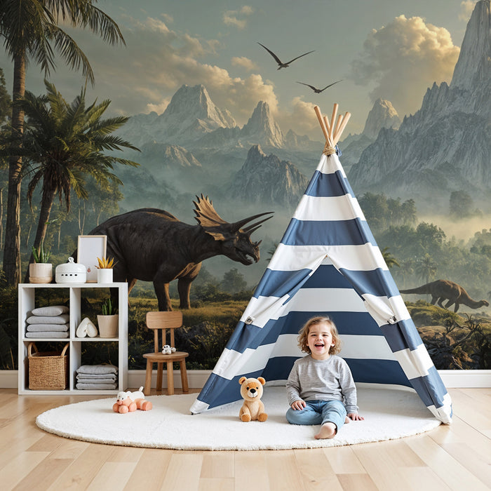 Papier peint dinosaures | Paysage préhistorique spectaculaire