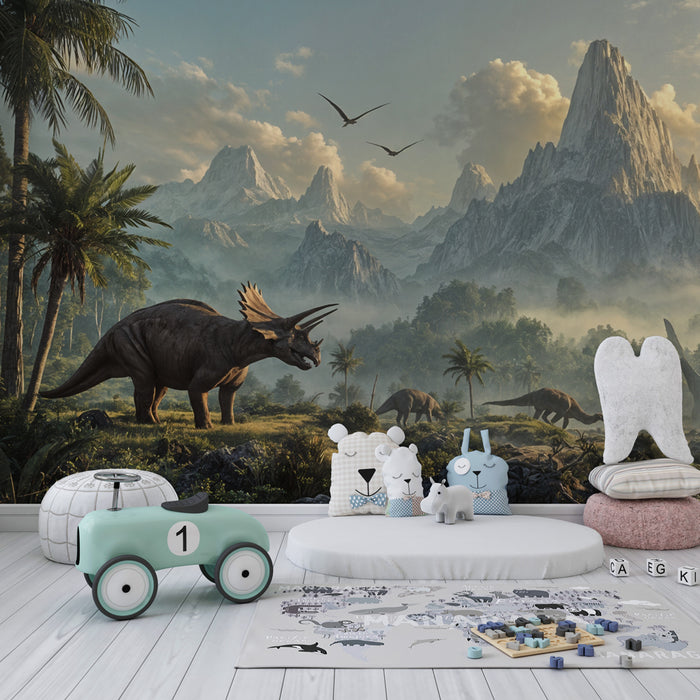 Papier peint dinosaures | Paysage préhistorique spectaculaire