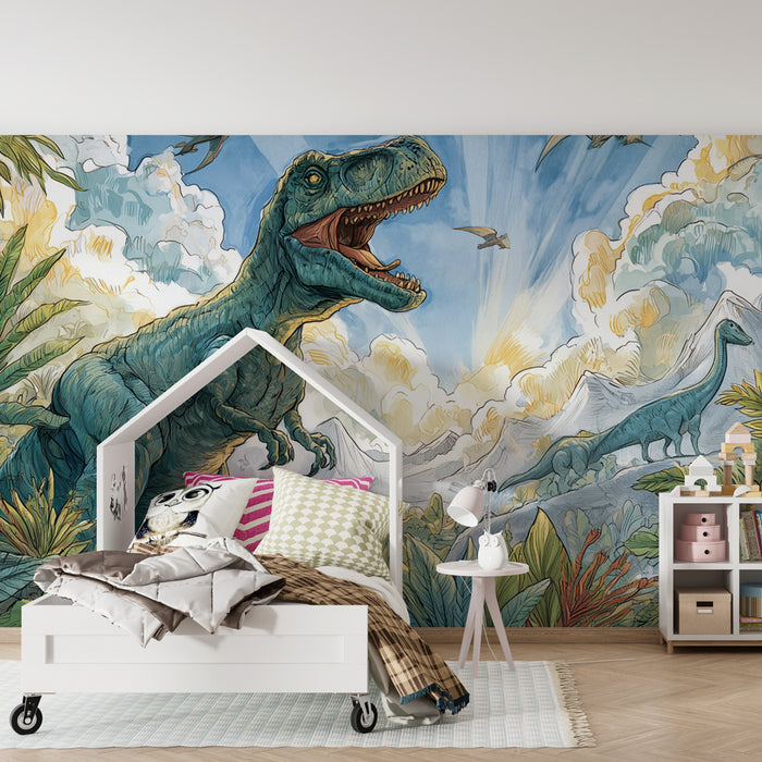 Papier peint dinosaures | Évasion préhistorique colorée
