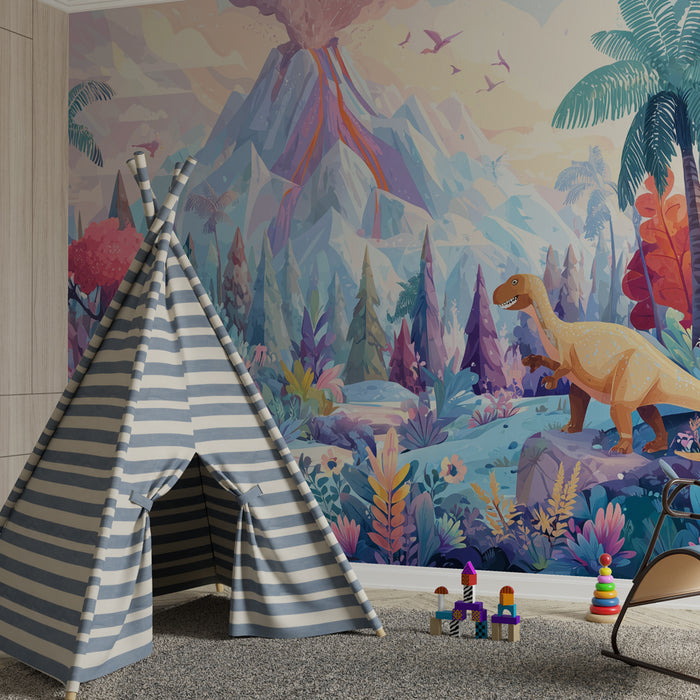 Papier peint dinosaure | Fantaisie volcanique et tropicale