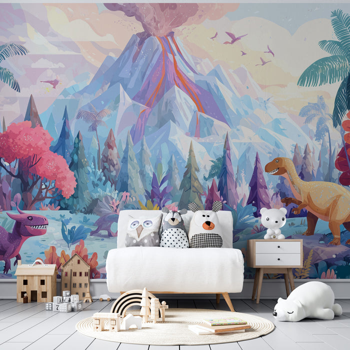 Papier peint dinosaure | Fantaisie volcanique et tropicale