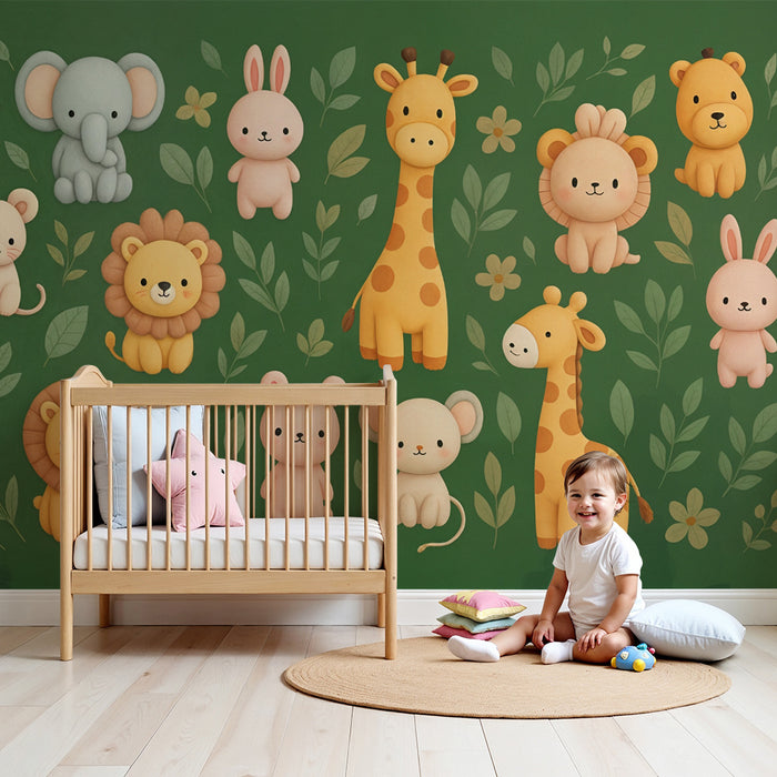 Tapeta s roztomilými zvieratami | Dizajn džungle na zelenom pozadí