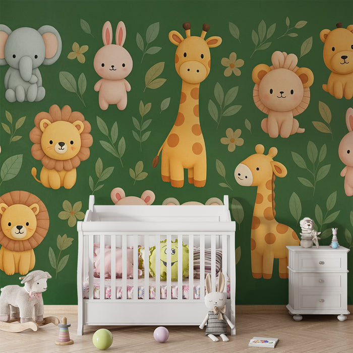 Tapeta s roztomilými zvieratami | Dizajn džungle na zelenom pozadí