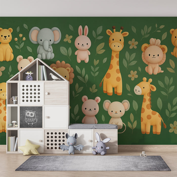 Tapeta s roztomilými zvieratami | Dizajn džungle na zelenom pozadí