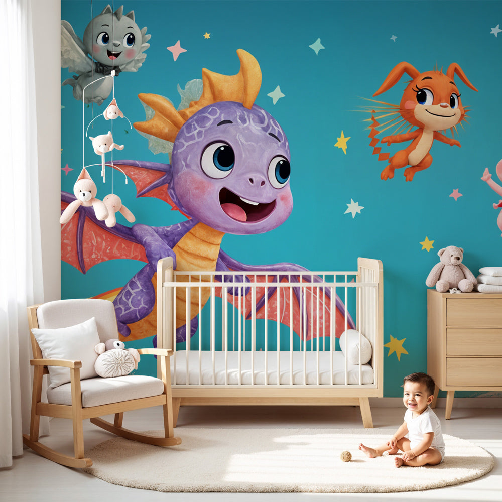 Babykamer behang draken en vrienden | Kleurrijk avontuur in de wolken —  Kids Wall, image size:1000x1000