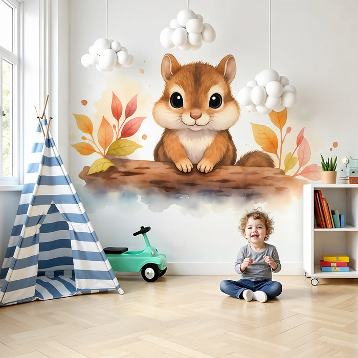 Carta da parati bambini | Scoiattolo carino e foglie autunnali