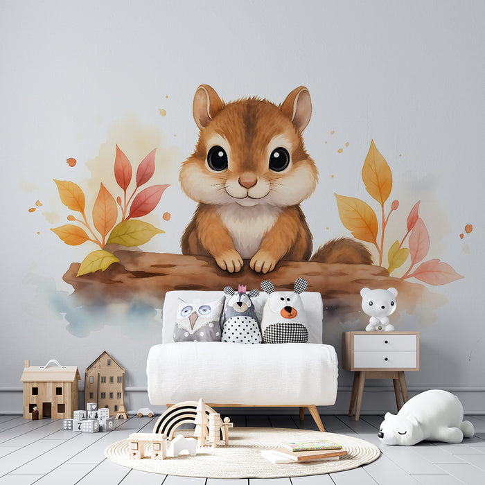 Carta da parati bambini | Scoiattolo carino e foglie autunnali